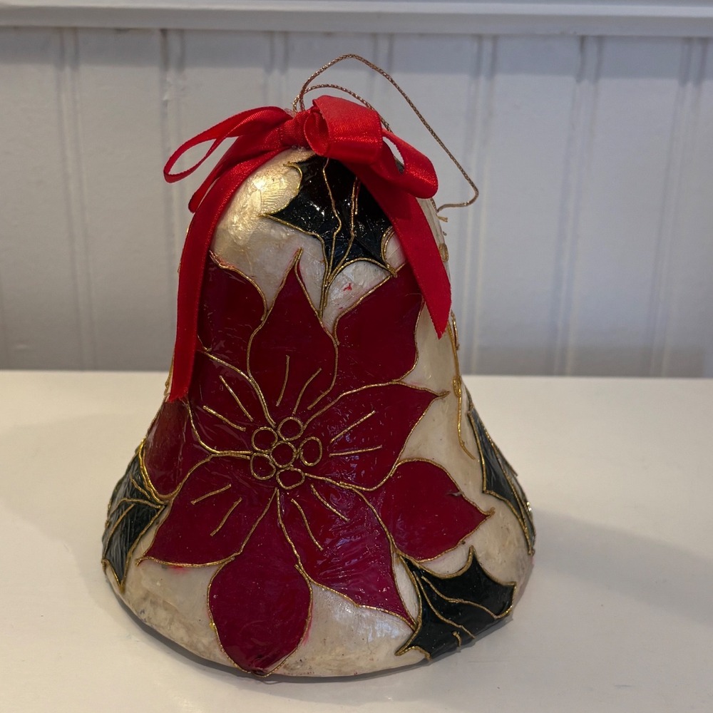 Vintage Capiz Shell Poinsettia Christmas Bell Ornament Red Gold Holly 5.5"